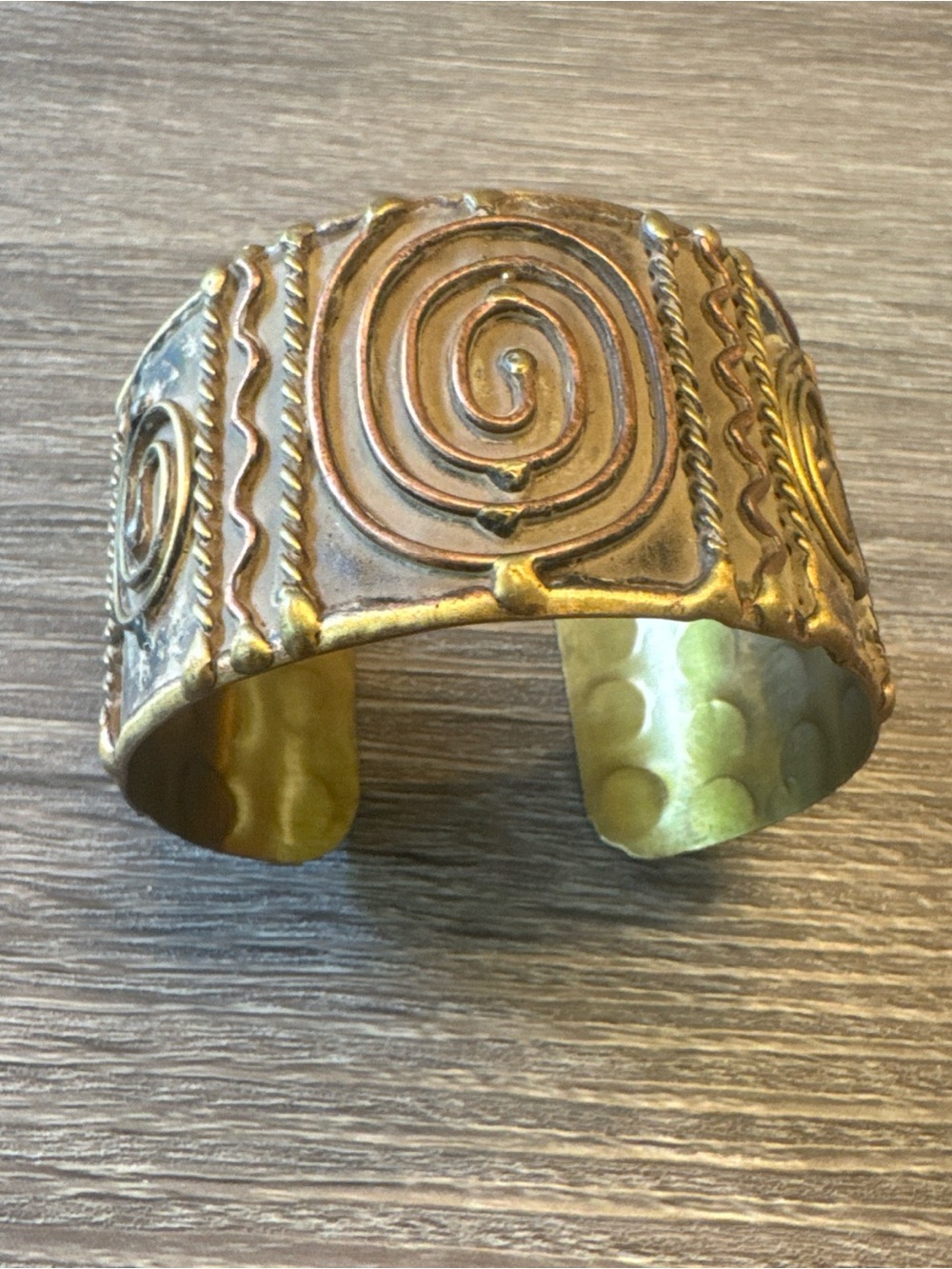 Vintage Anju Artisan Brass/Copper Spiral Etched Mixed Metal Boho Cuff Bracelet